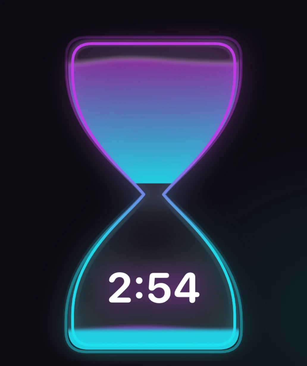 A step timer counting down 2:54 inside a glowing hourglass, filling the whole screen.
