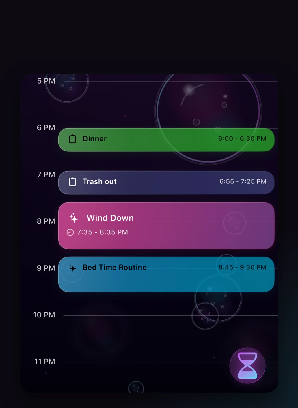 An evening timeline from 5 PM to 11 PM with Dinner, Trash out, Wind Down and Bed Time Routine laid out as colored blocks.