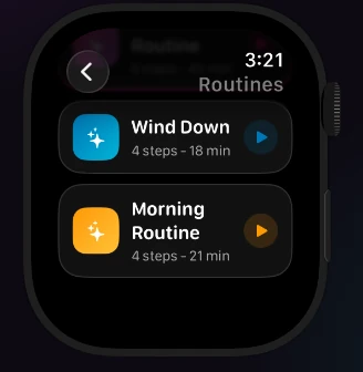 The Routines list on the Watch: Wind Down and Morning Routine, each with a play button.