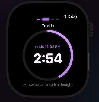 A step running on the Watch: Teeth, ring at 2:54, ends 12:02 PM.