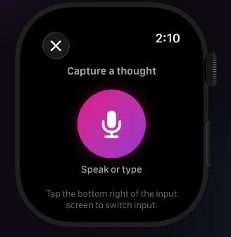The Watch capture screen: a pink microphone button, speak or type.