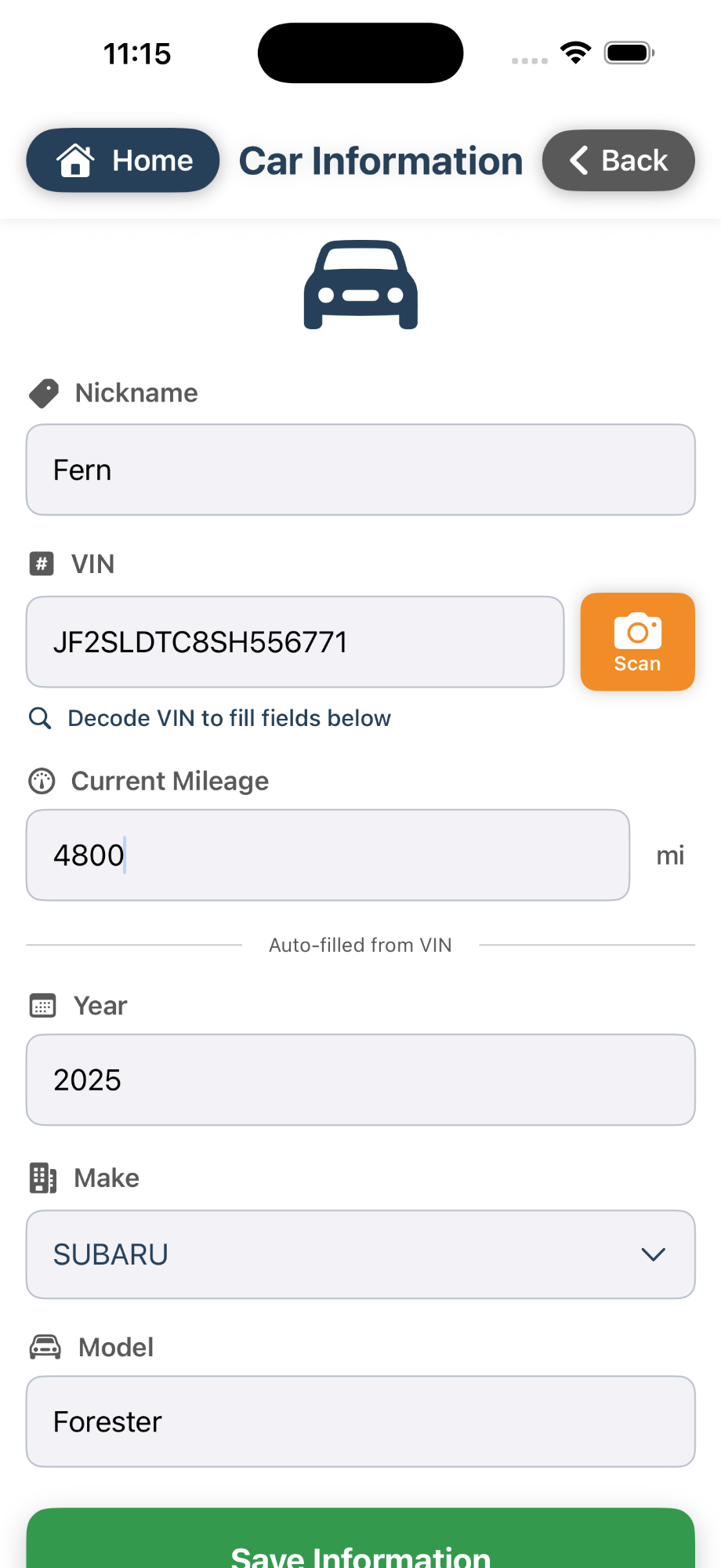 Car information screen with VIN scanner