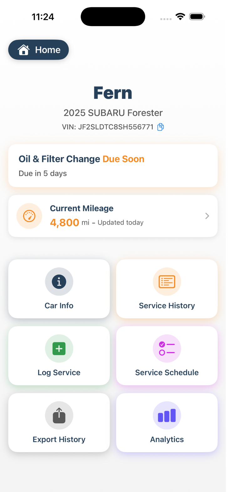 My Garage app showing car details with upcoming oil change reminder
