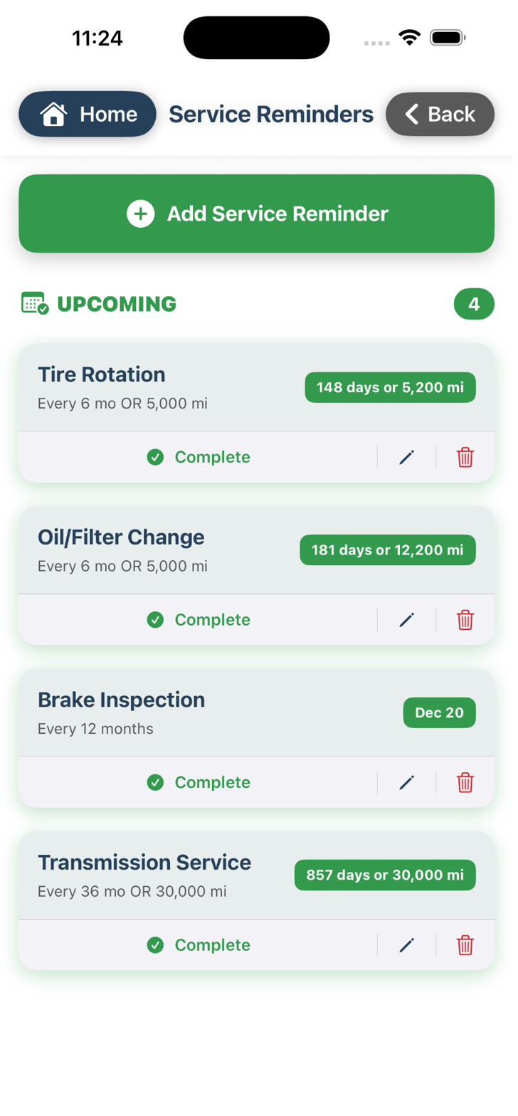 Service reminders showing time and mileage tracking